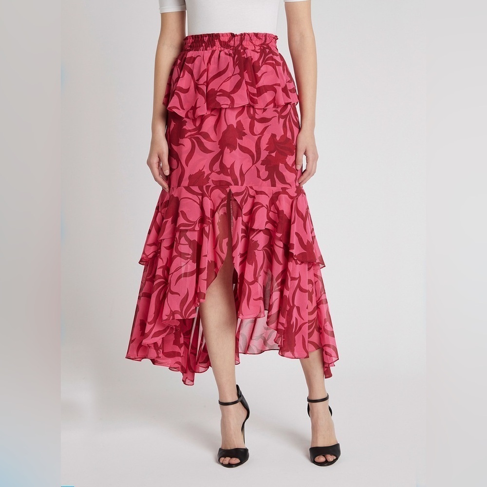 MISA Los Angeles Kalani Skirt Graphic Floral Pink Red Midi Skirt Small